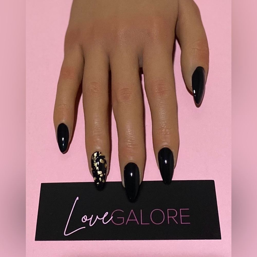 Hand Crafted Black/Gold or all Black Medium Almond Press On Nails-Love Galore